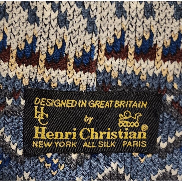 Henri Christian New York Paris Mens All Silk Tie Fair Isle Beige Blue 4" x 62" - Picture 4 of 4
